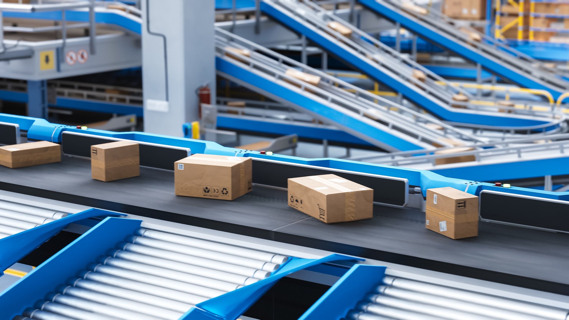 Recyclable Cardboard Box Being Transported on a Conveyor Belt in a Modern Logistics Center. Parcel is Prepared for Delivery to an Online Client. Rendered Conveyor System of a Big Retail Business