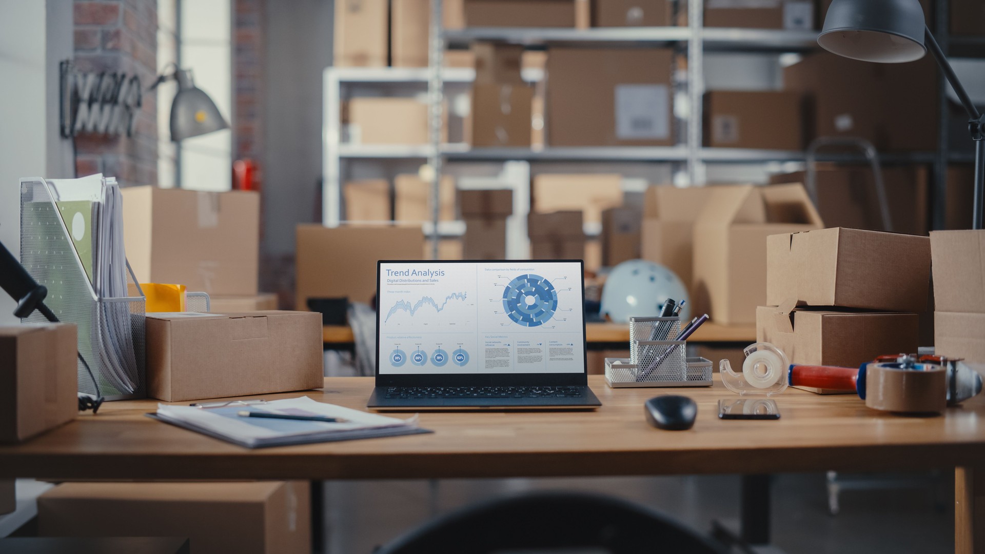 Desktop Computer Monitor Standing on a Table with Trend Analysis Charts Display. Statistics, Graphs, and Data. Small Business Warehouse in the Background. Desk with Cardboard Boxes